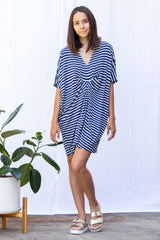 Jade Pleated Kaftan Dress (Navy Stripe) - M