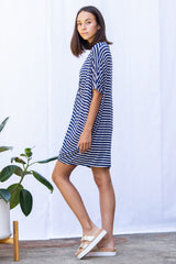 Jade Pleated Kaftan Dress (Navy Stripe) - M