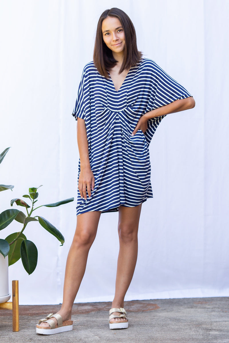 Jade Pleated Kaftan Dress (Navy Stripe) - M