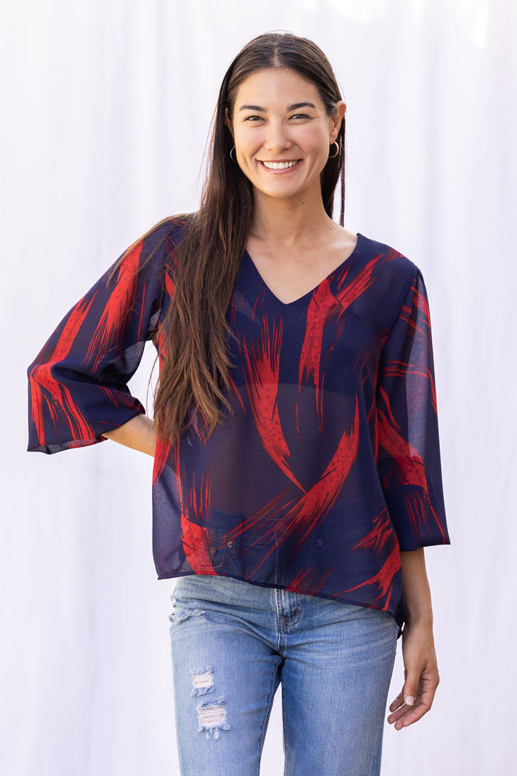 Vivian Blouse (Navy/Red Chiffon)