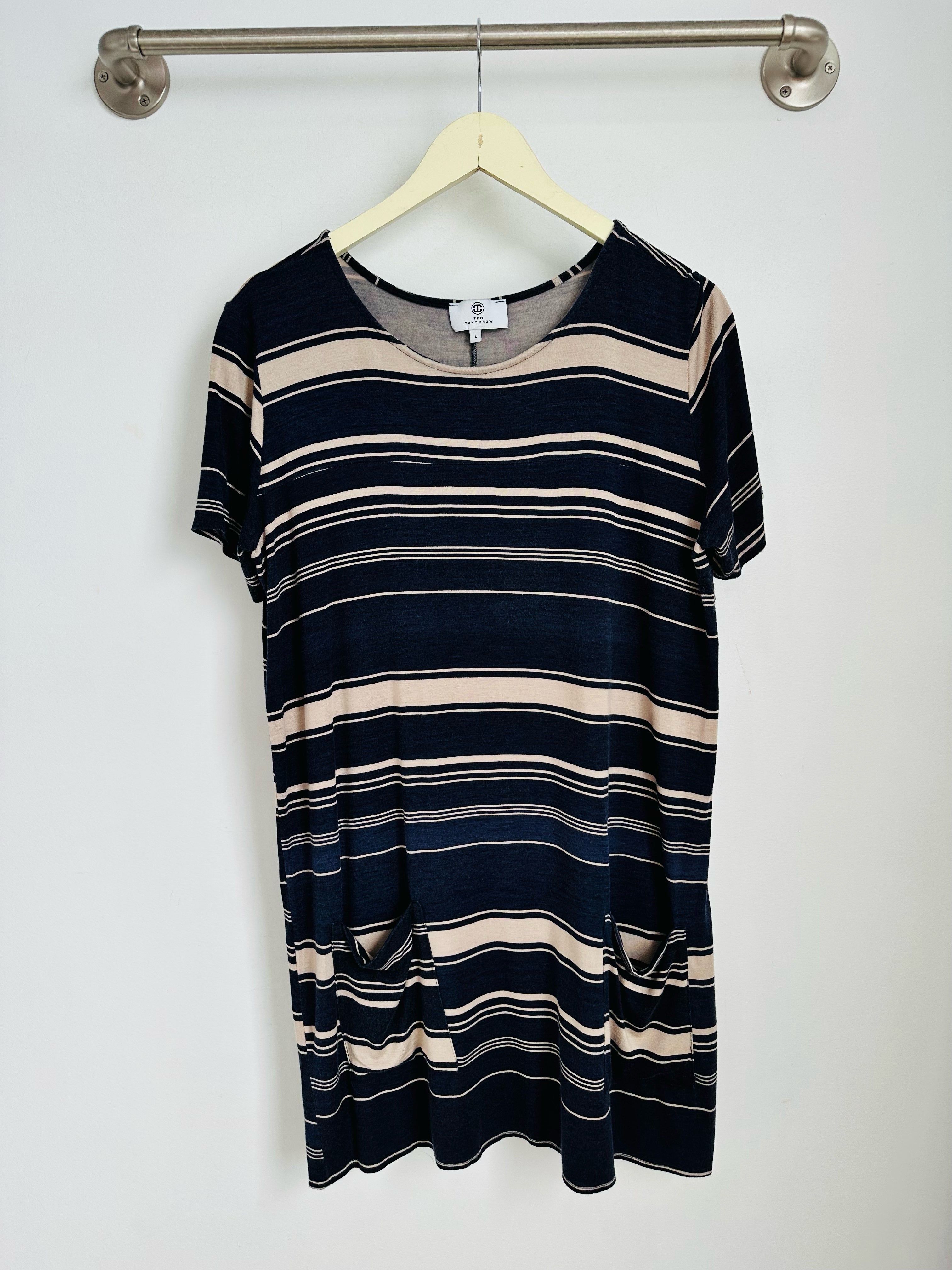 Stacey T-Shirt Dress (Navy Mixed Stripe) - L – Ten Tomorrow