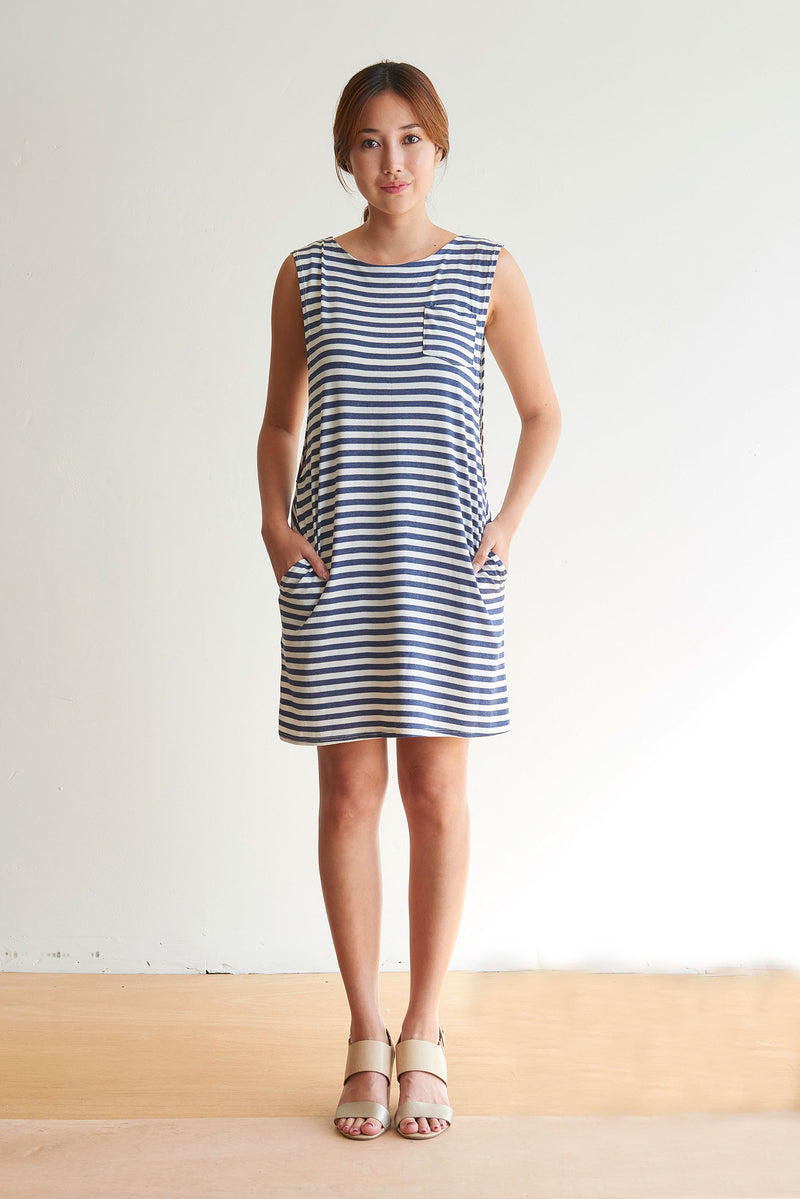 Drew Layered Tank Dress (Blue Stripe) - XS